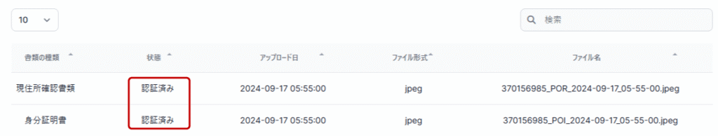 KYC認証手続きの確認画面