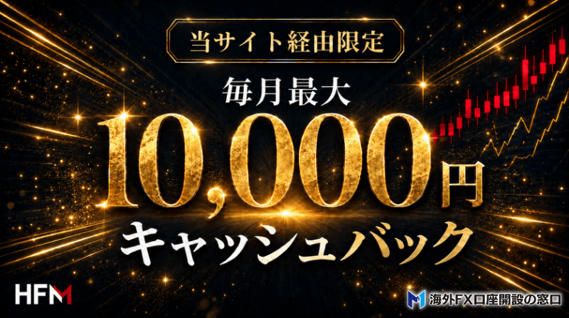 当サイト限定タイアップのHFMのキャッシュバックバナー